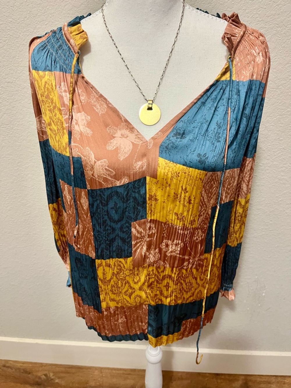 Current Air Patchwork V-Neck Blouse in Teal, Mustard & Copper